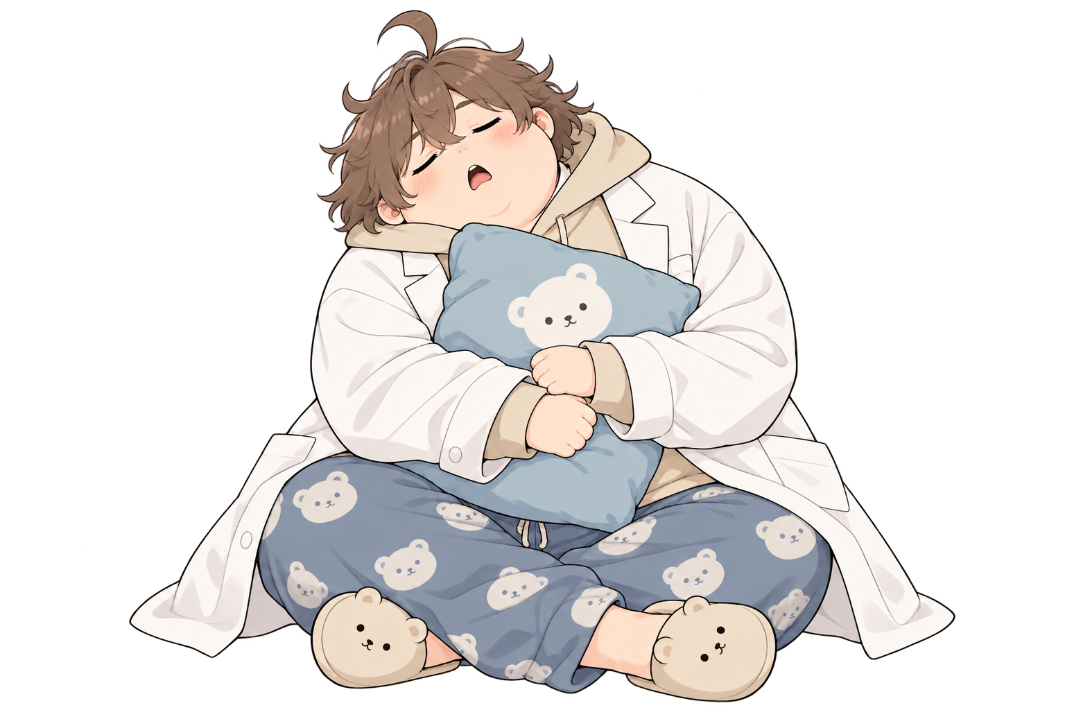 クマの枕を抱えて眠る助手コロン