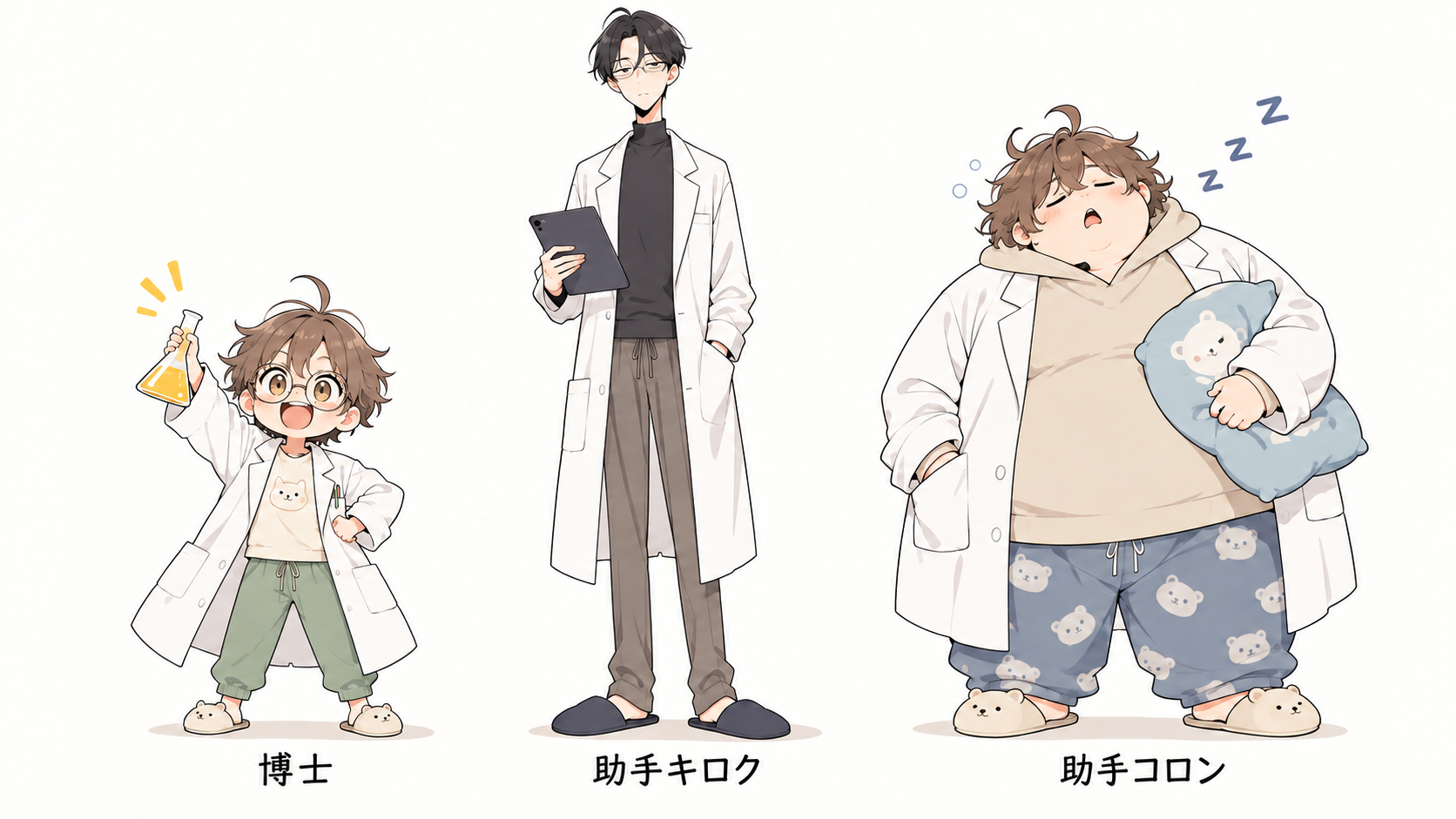 子供の博士、のっぽの助手キロク、丸くて眠そうな助手コロンの3人